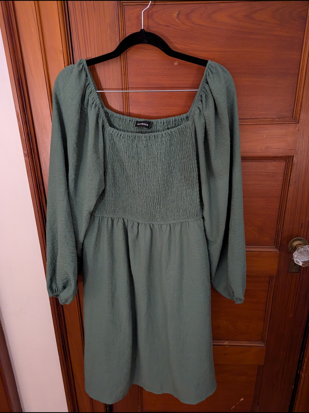 Smocked Square-Neck Long-Sleeve Midi Dress in Olive Green